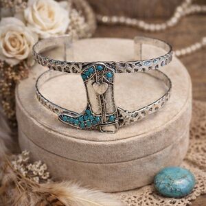 Brand new silver-tone cuff bracelet featuring a Western cowboy boot design